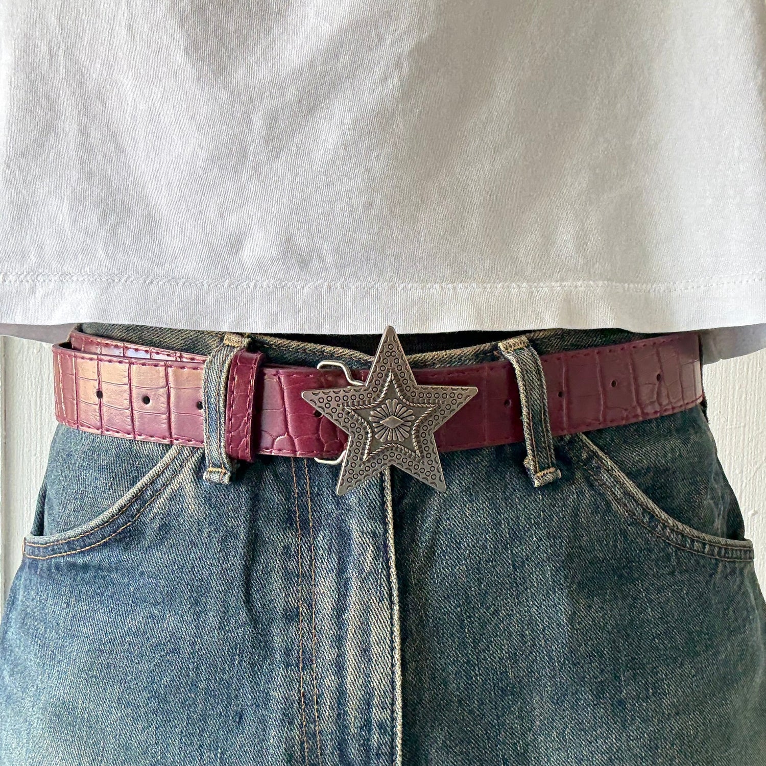 Burgundy Star Buckle Crocodile Print Belt