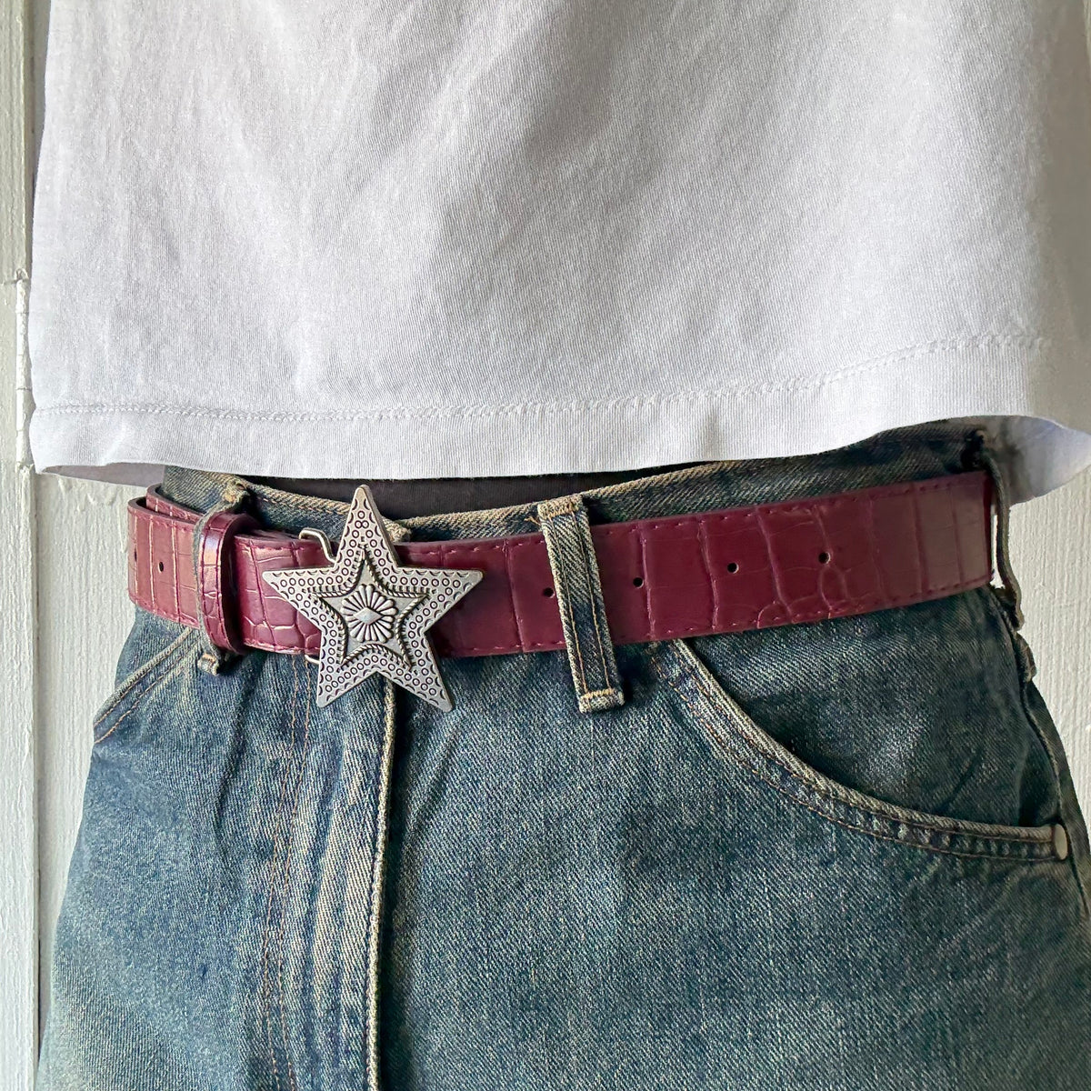 Burgundy Star Buckle Crocodile Print Belt