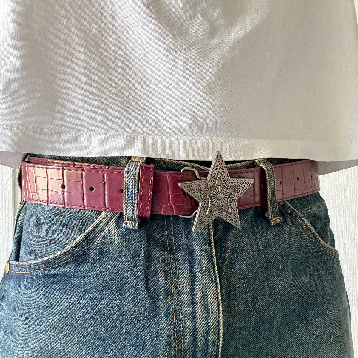 Burgundy Star Buckle Crocodile Print Belt