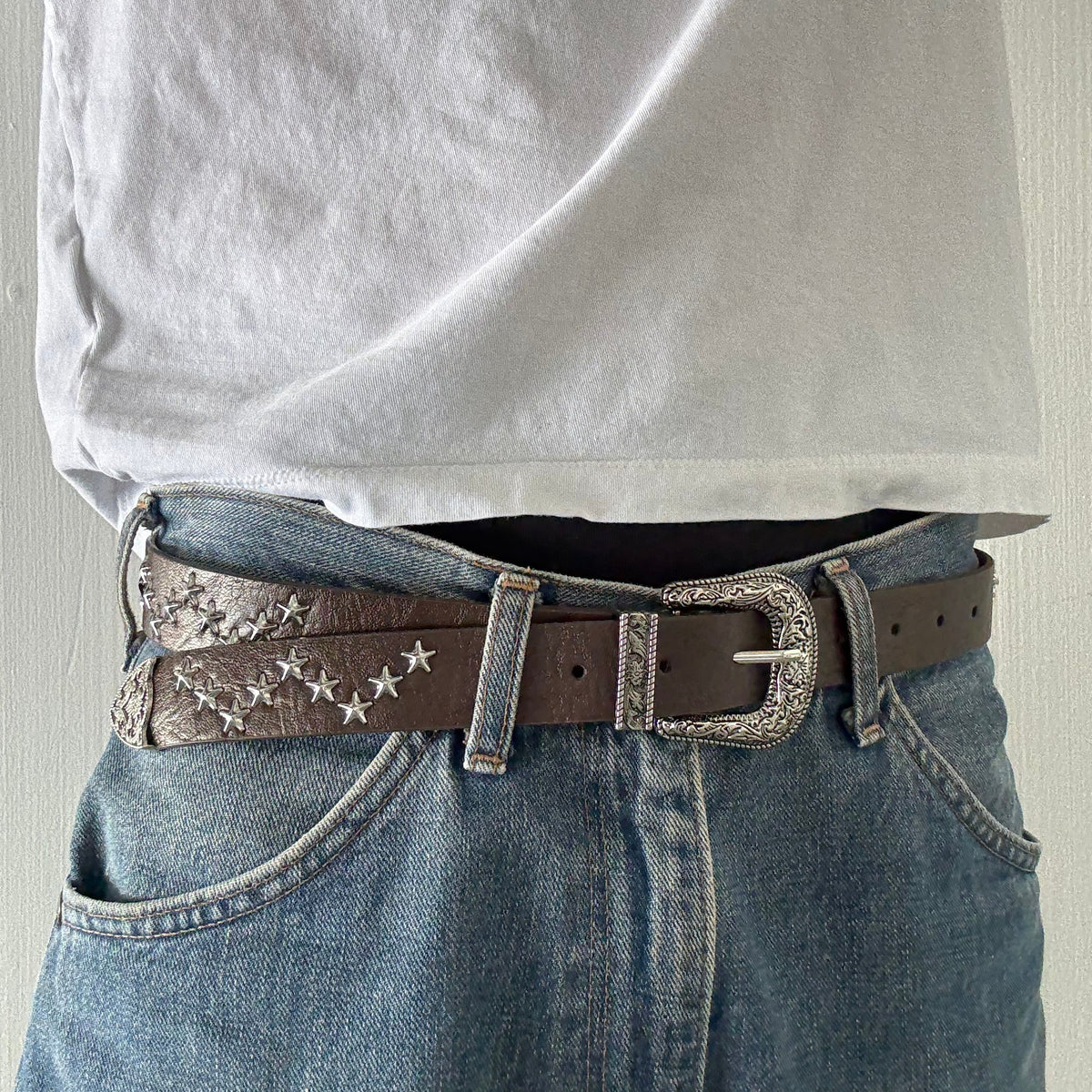 Brown Star Studded Western Cowboy Belt