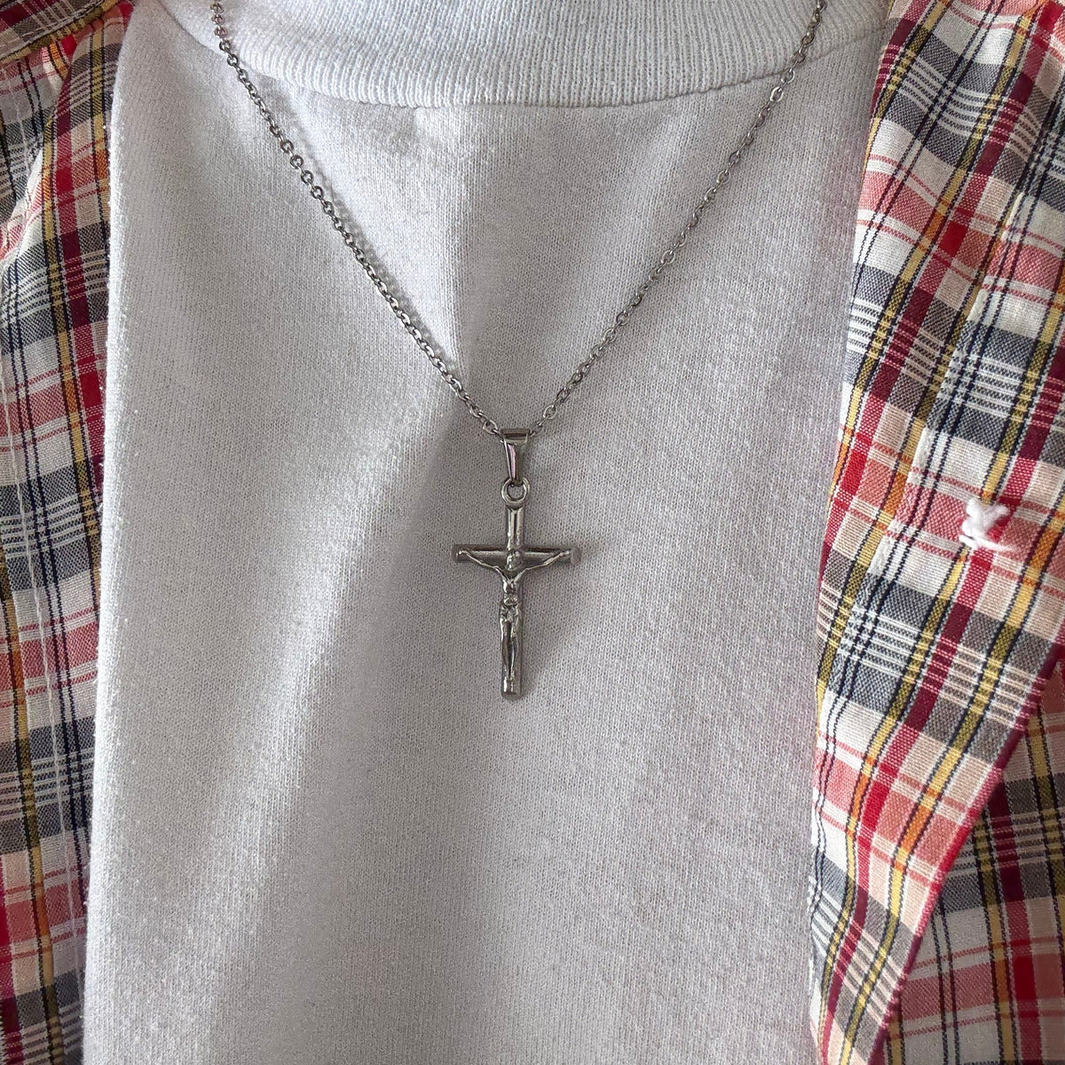 Silver Jesus Cross Necklace Stainless Steel