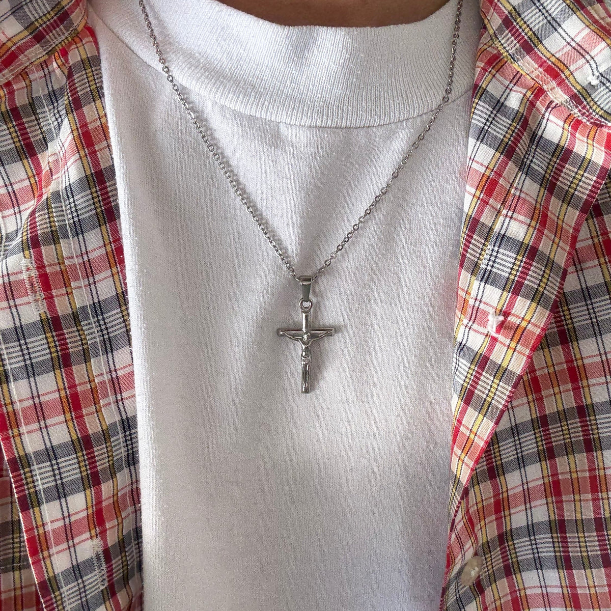 Silver Jesus Cross Necklace Stainless Steel
