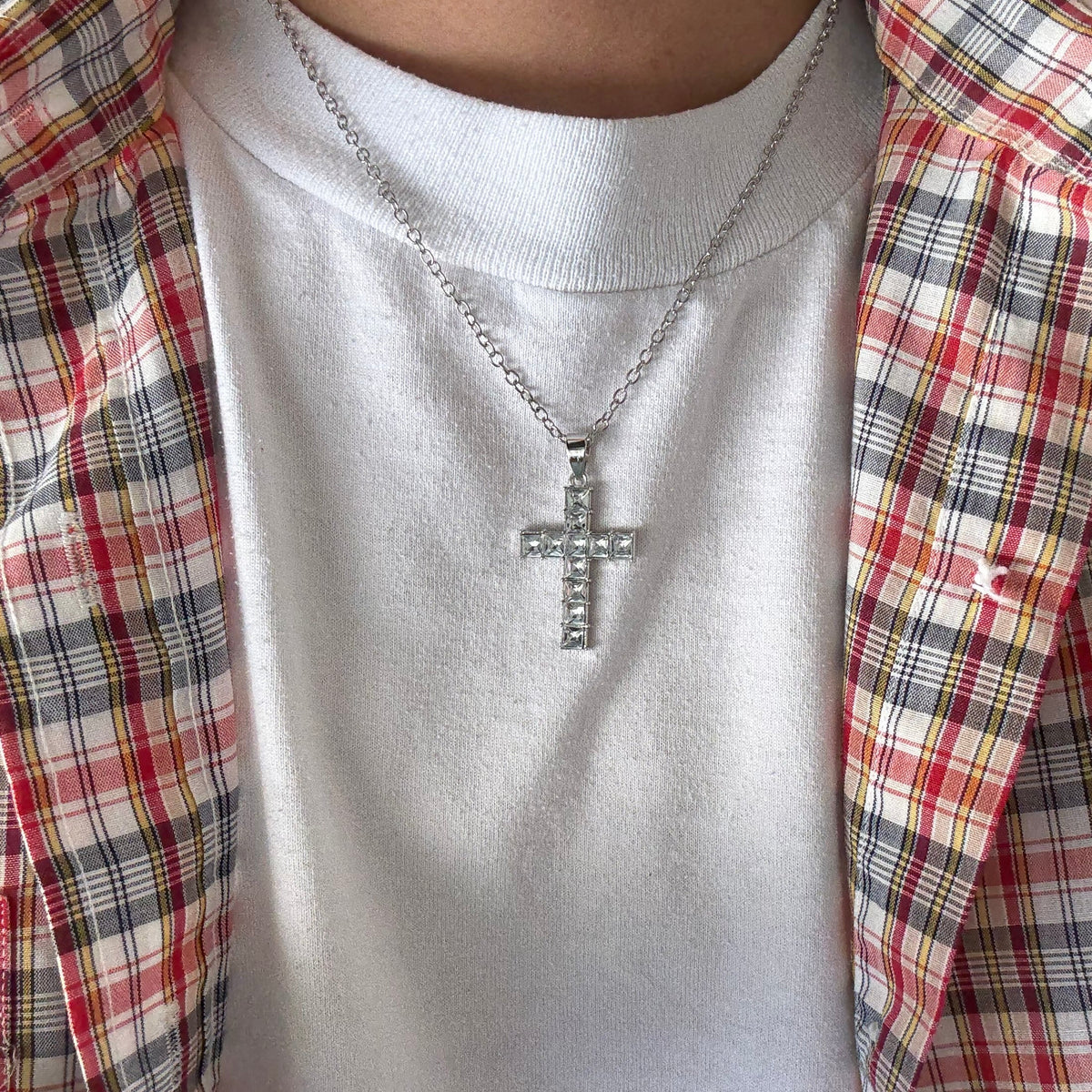 Silver Cross Multi Crystal Necklace