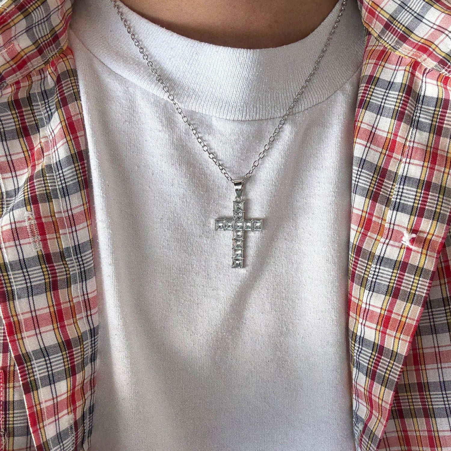 Silver Cross Multi Crystal Necklace