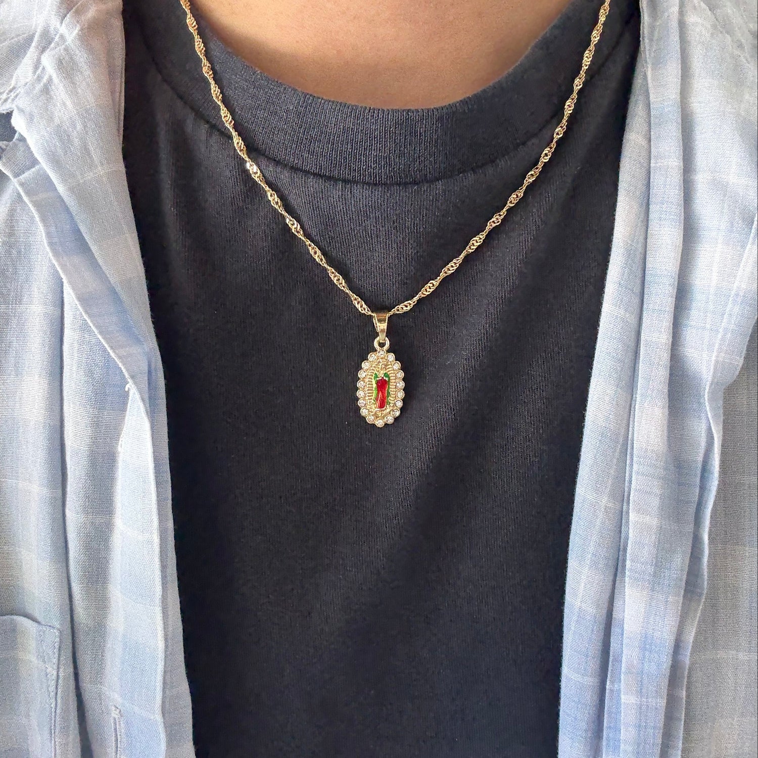 Gold Virgin Mary Multi Crystal Necklace