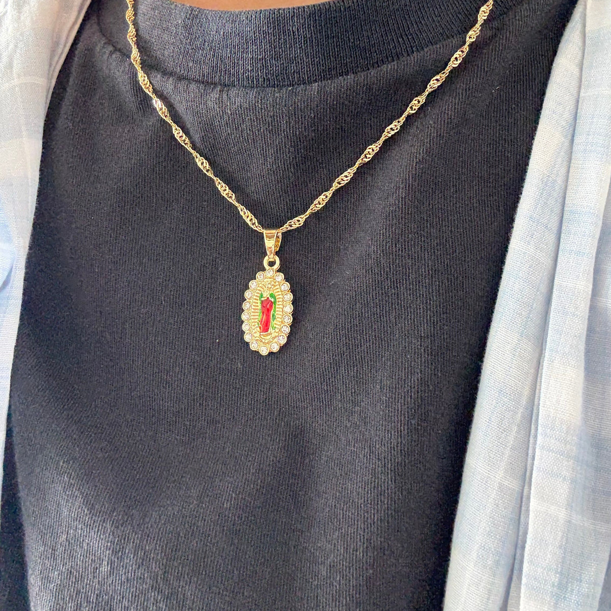 Gold Virgin Mary Multi Crystal Necklace