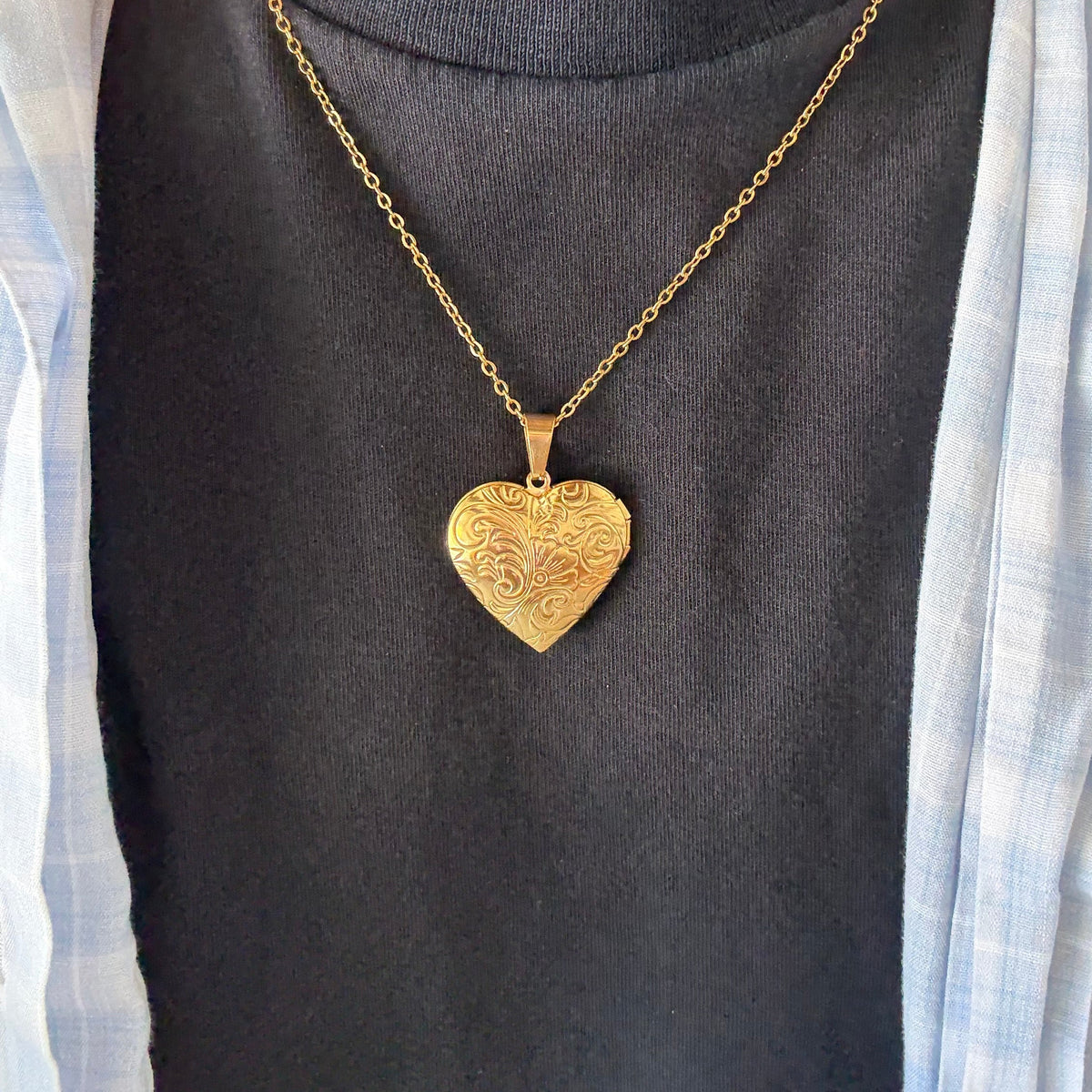 Gold Floral Heart Locket Necklace