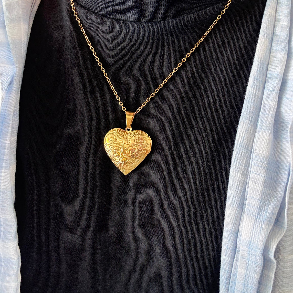 Gold Floral Heart Locket Necklace