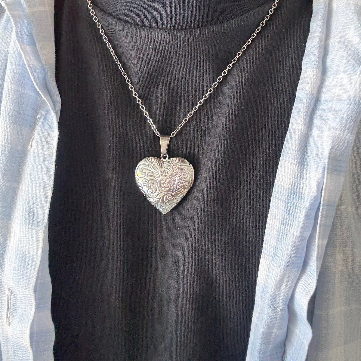 Silver Floral Heart Locket Necklace