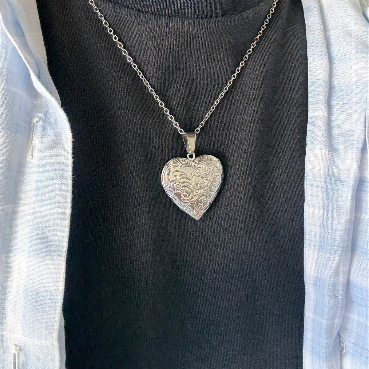Silver Floral Heart Locket Necklace