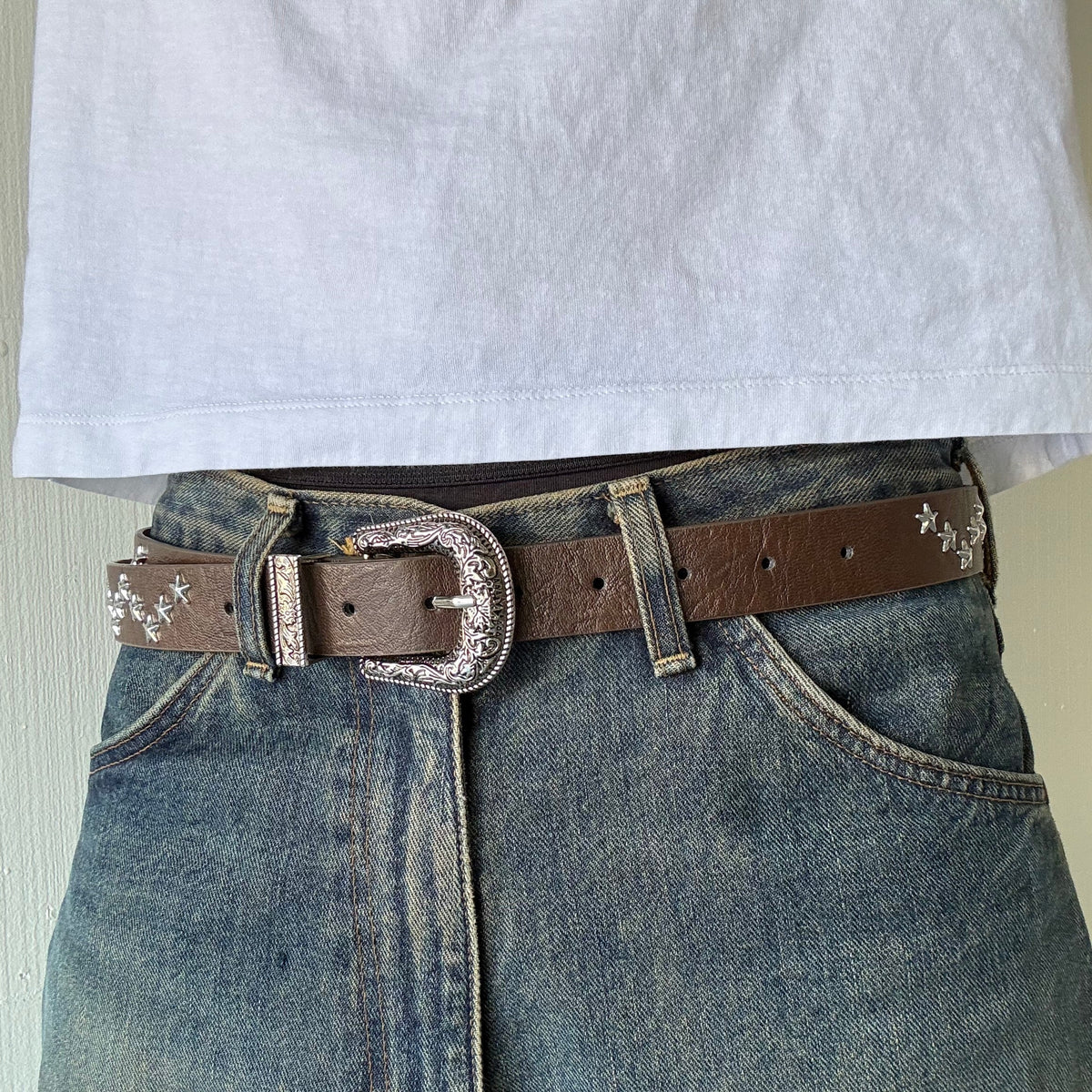 Brown Star Studded Western Cowboy Belt