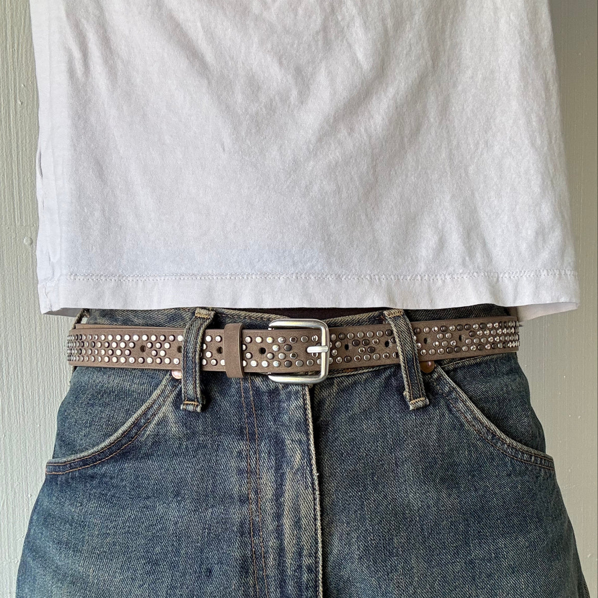 Brown Skinny Multi Color Studded Belt