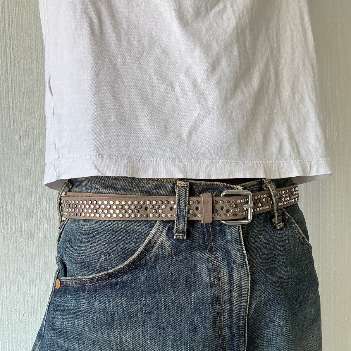 Brown Skinny Multi Color Studded Belt