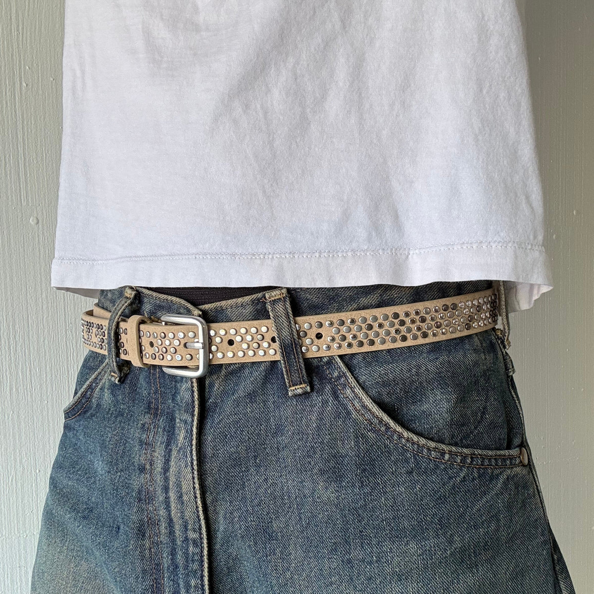 Tan Skinny Multi Color Studded Belt