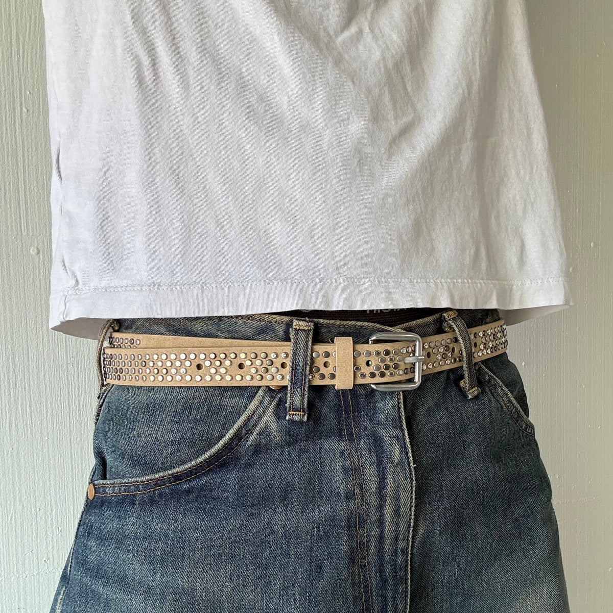 Tan Skinny Multi Color Studded Belt