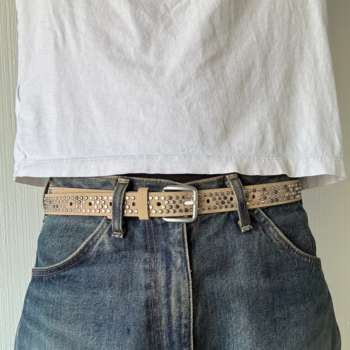 Tan Skinny Multi Color Studded Belt