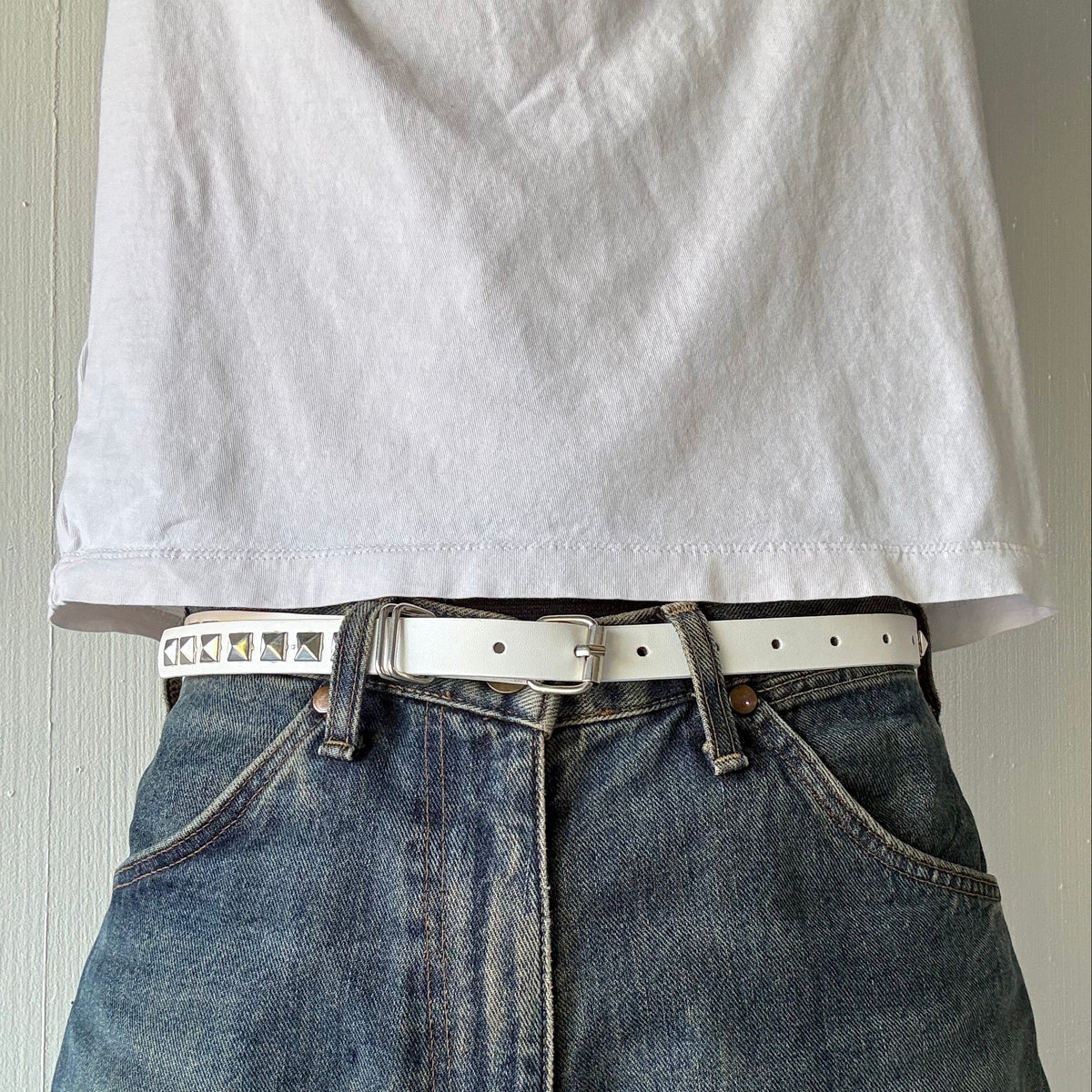 White Skinny Studded Belt