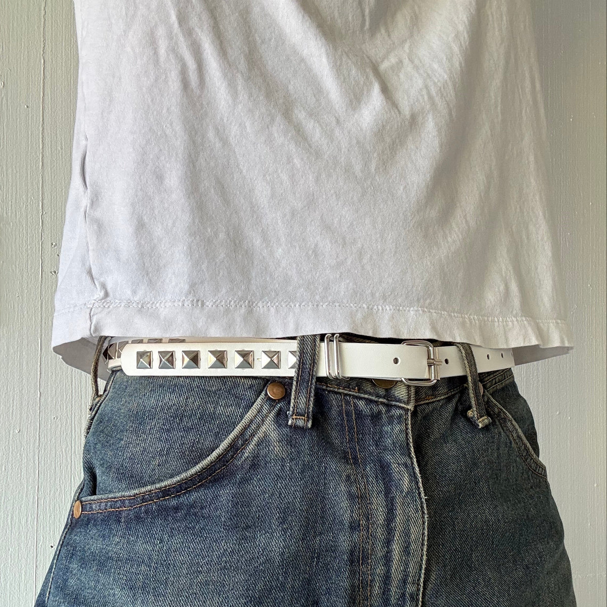 White Skinny Studded Belt