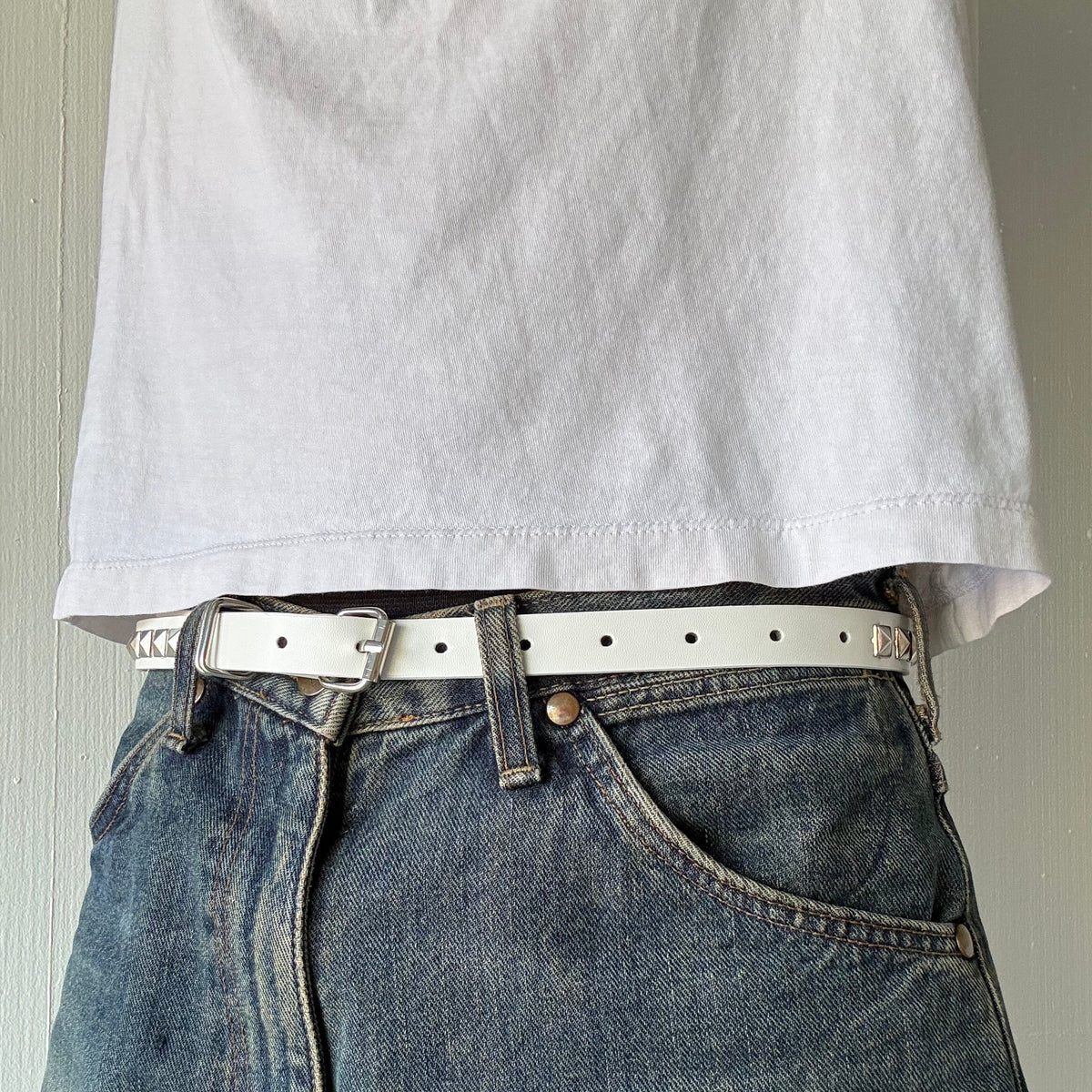 White Skinny Studded Belt