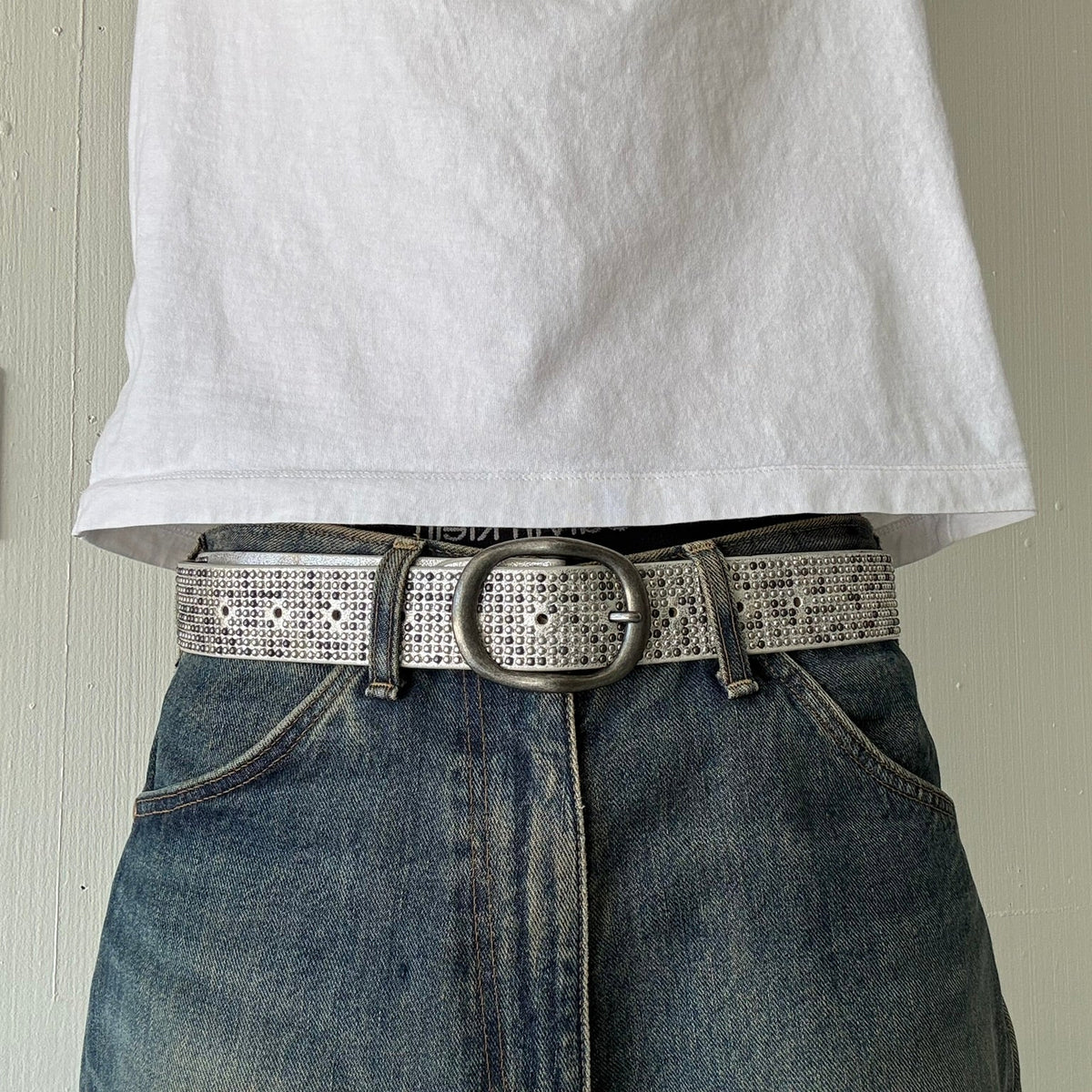 Silver Oval Buckle Studded Belt