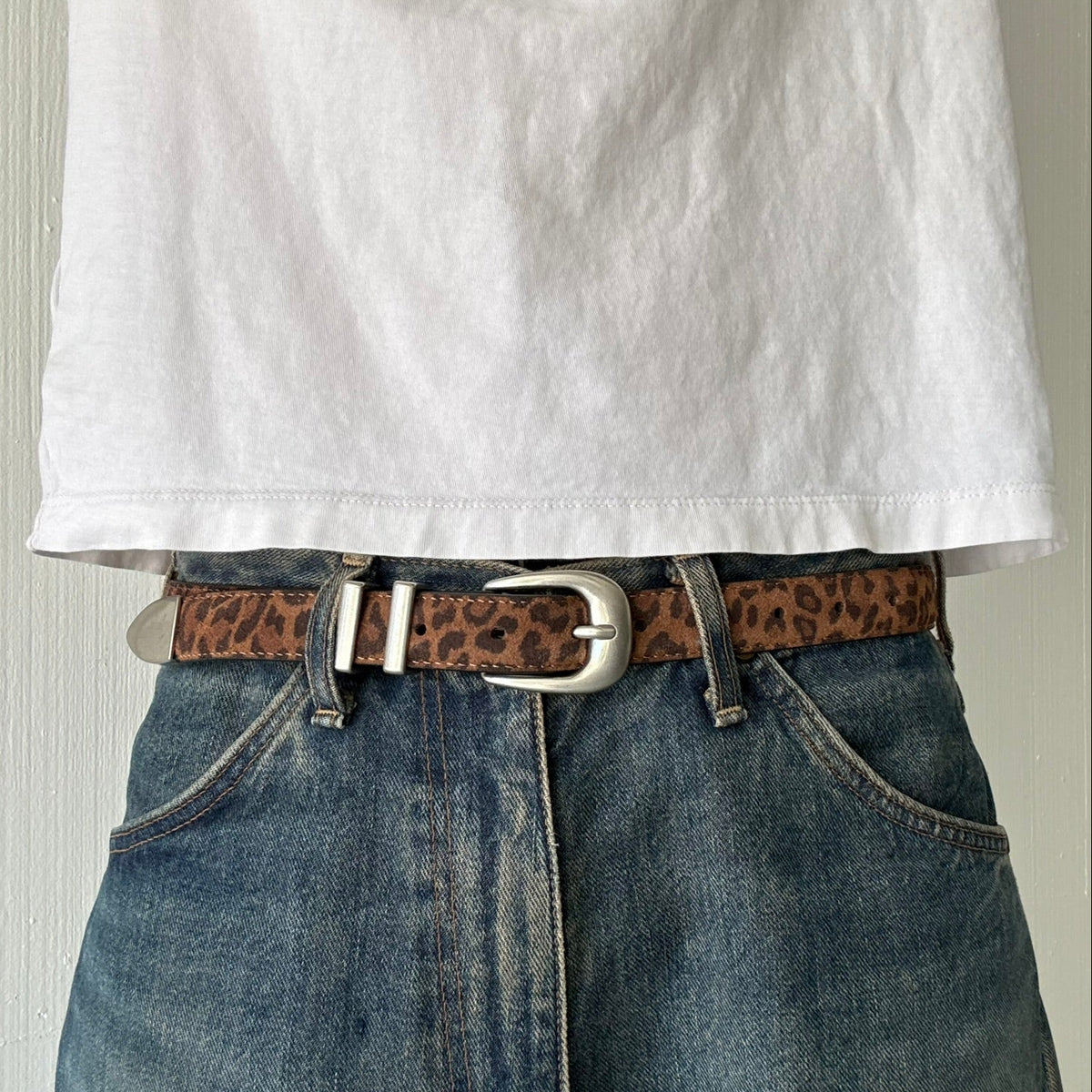 Brown Suede Leopard Print Classic Skinny Belt