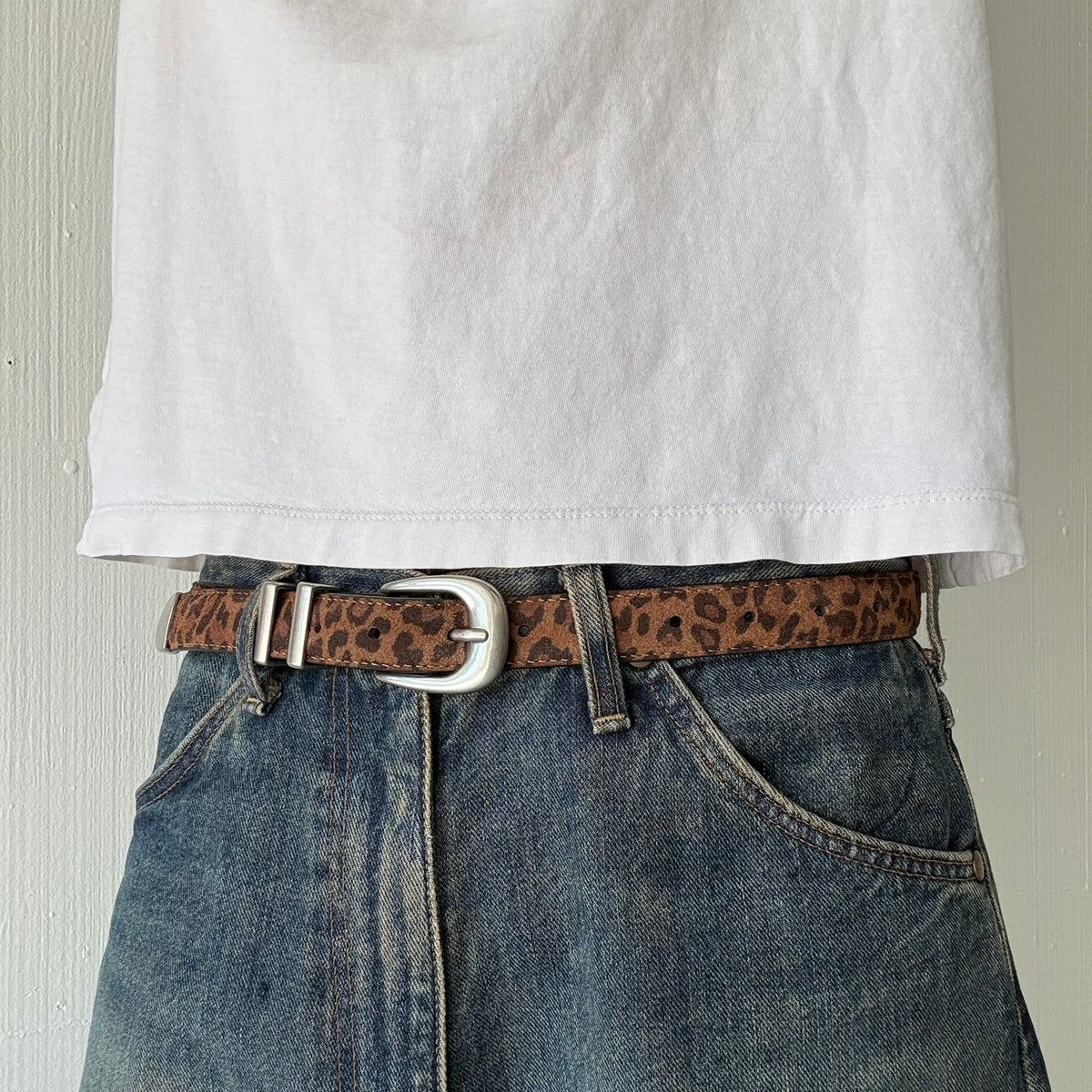Brown Suede Leopard Print Classic Skinny Belt