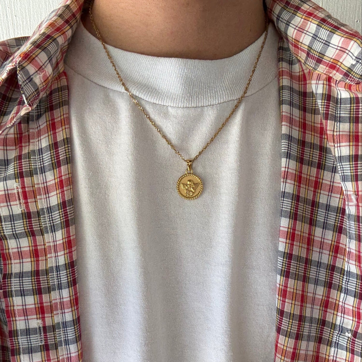 Gold Cherub Angel Round Pendant Necklace