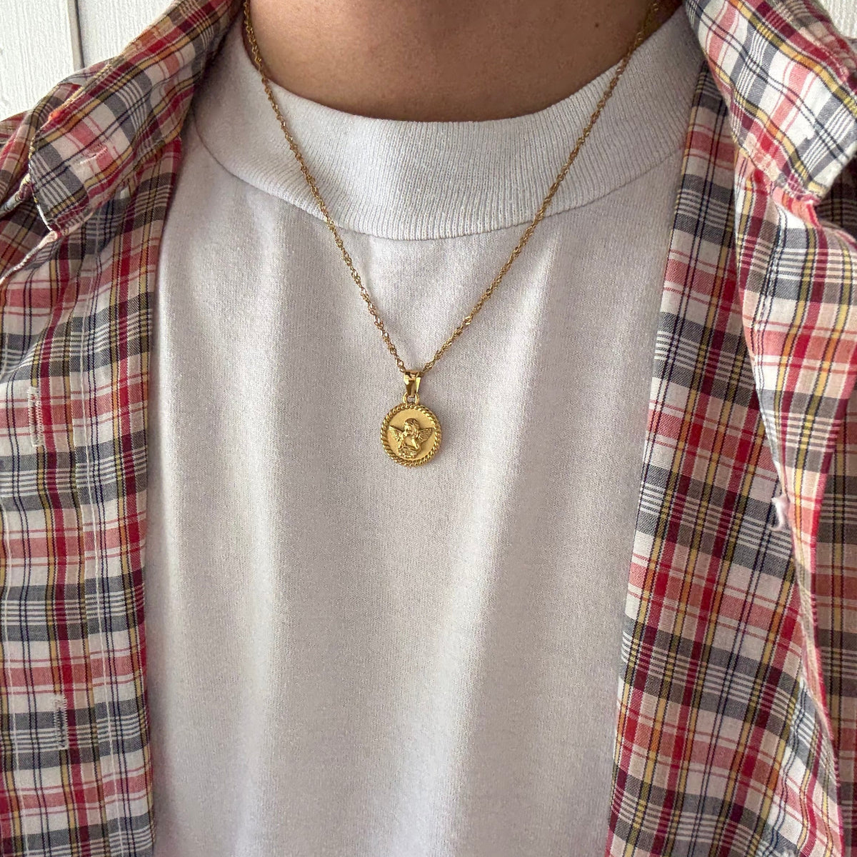 Gold Cherub Angel Round Pendant Necklace