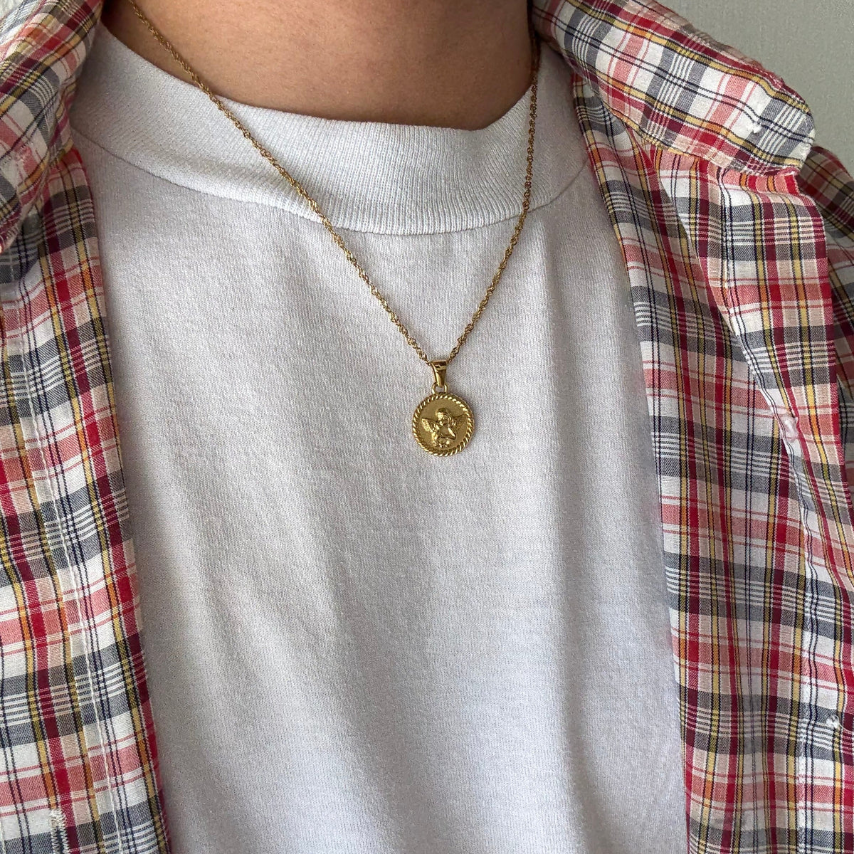 Gold Cherub Angel Round Pendant Necklace