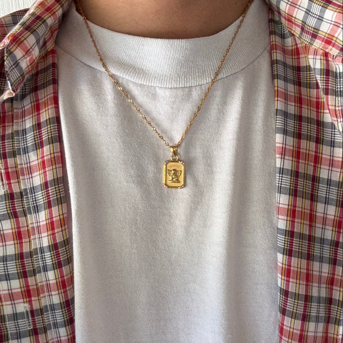 Gold Cherub Angel Rectangle Pendant Necklace