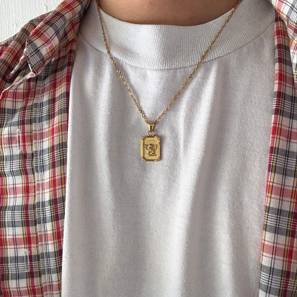 Gold Cherub Angel Rectangle Pendant Necklace