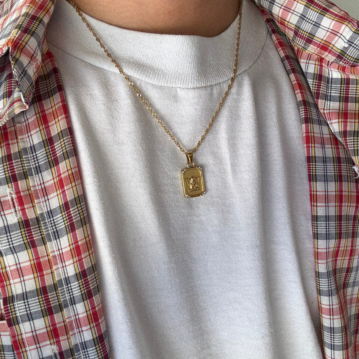 Gold Cherub Angel Rectangle Pendant Necklace