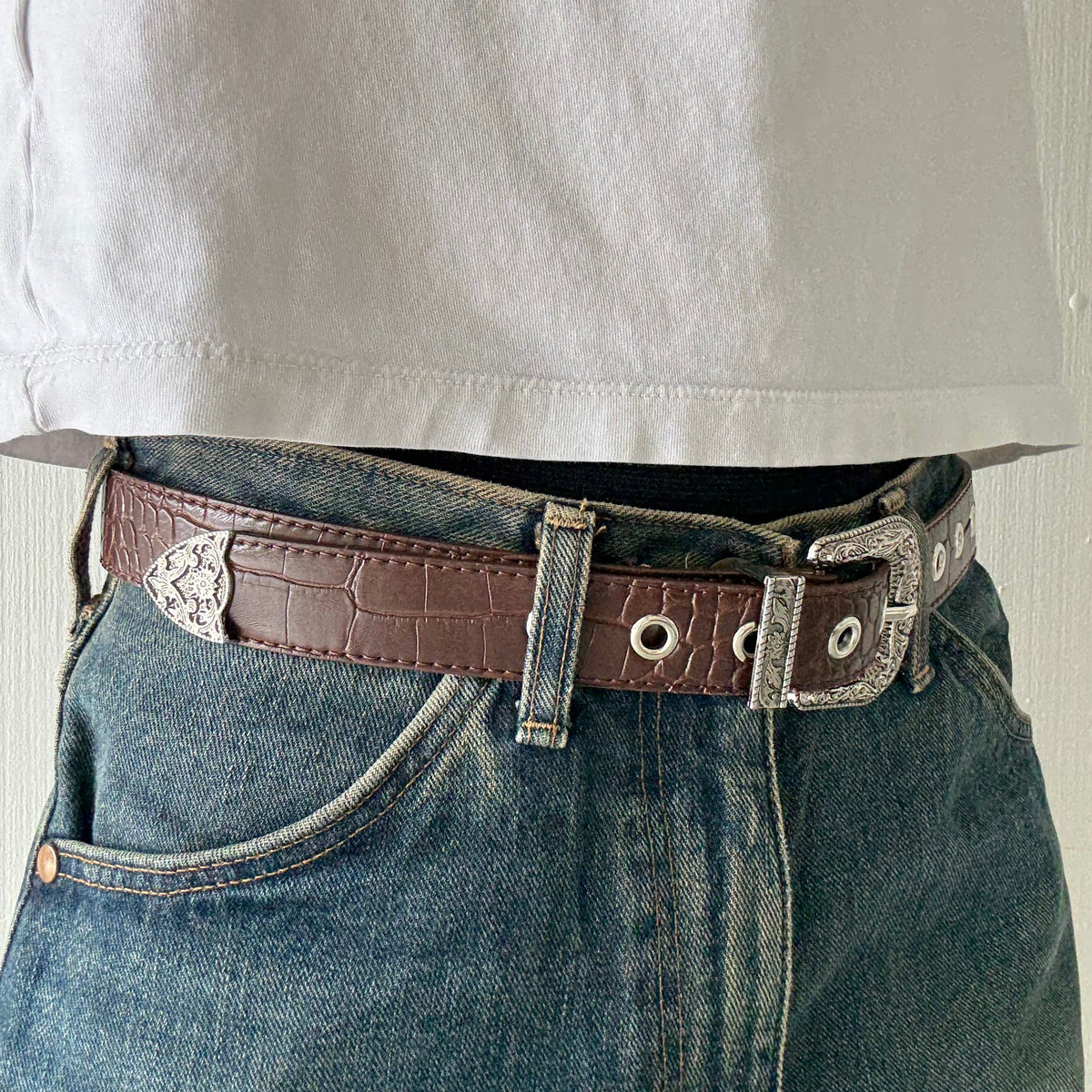 Brown Crocodile Print Western Belt