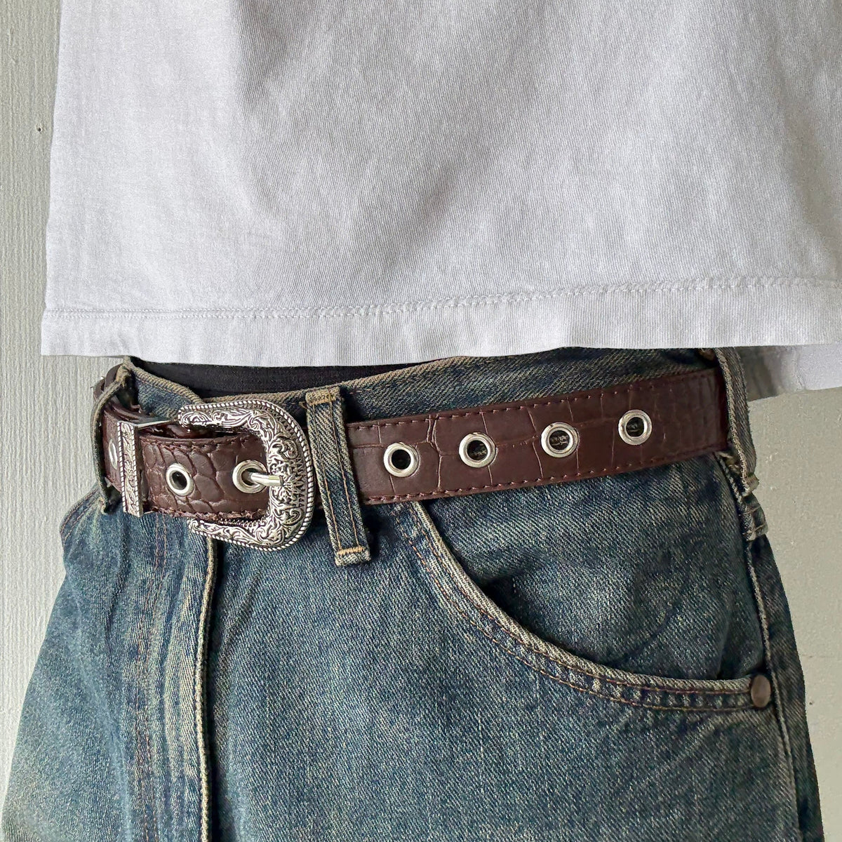 Brown Crocodile Print Western Belt