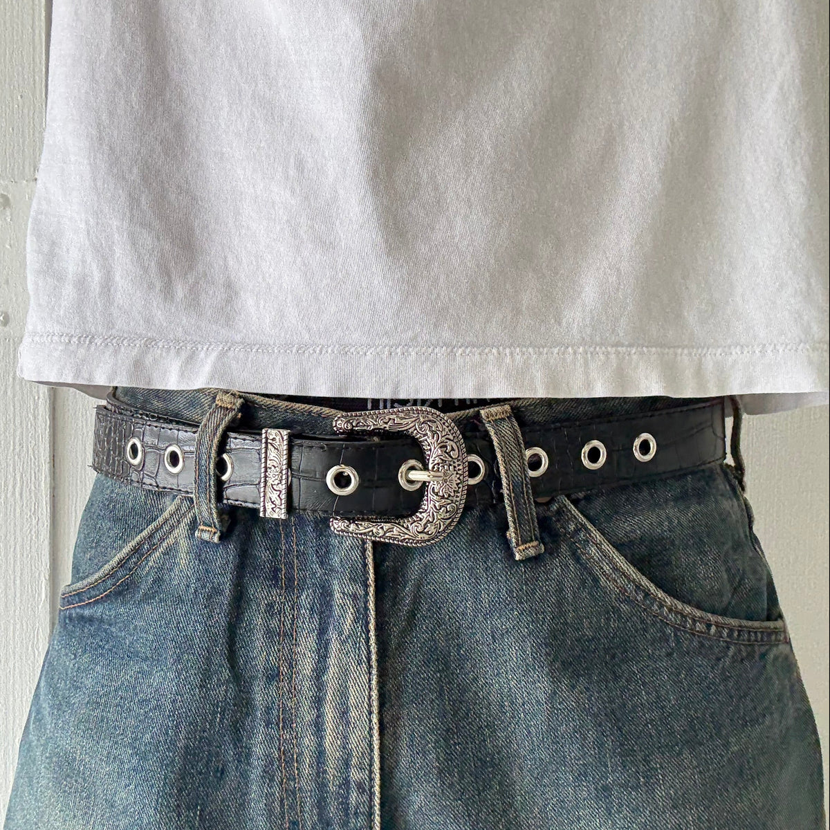 Black Crocodile Print Western Belt